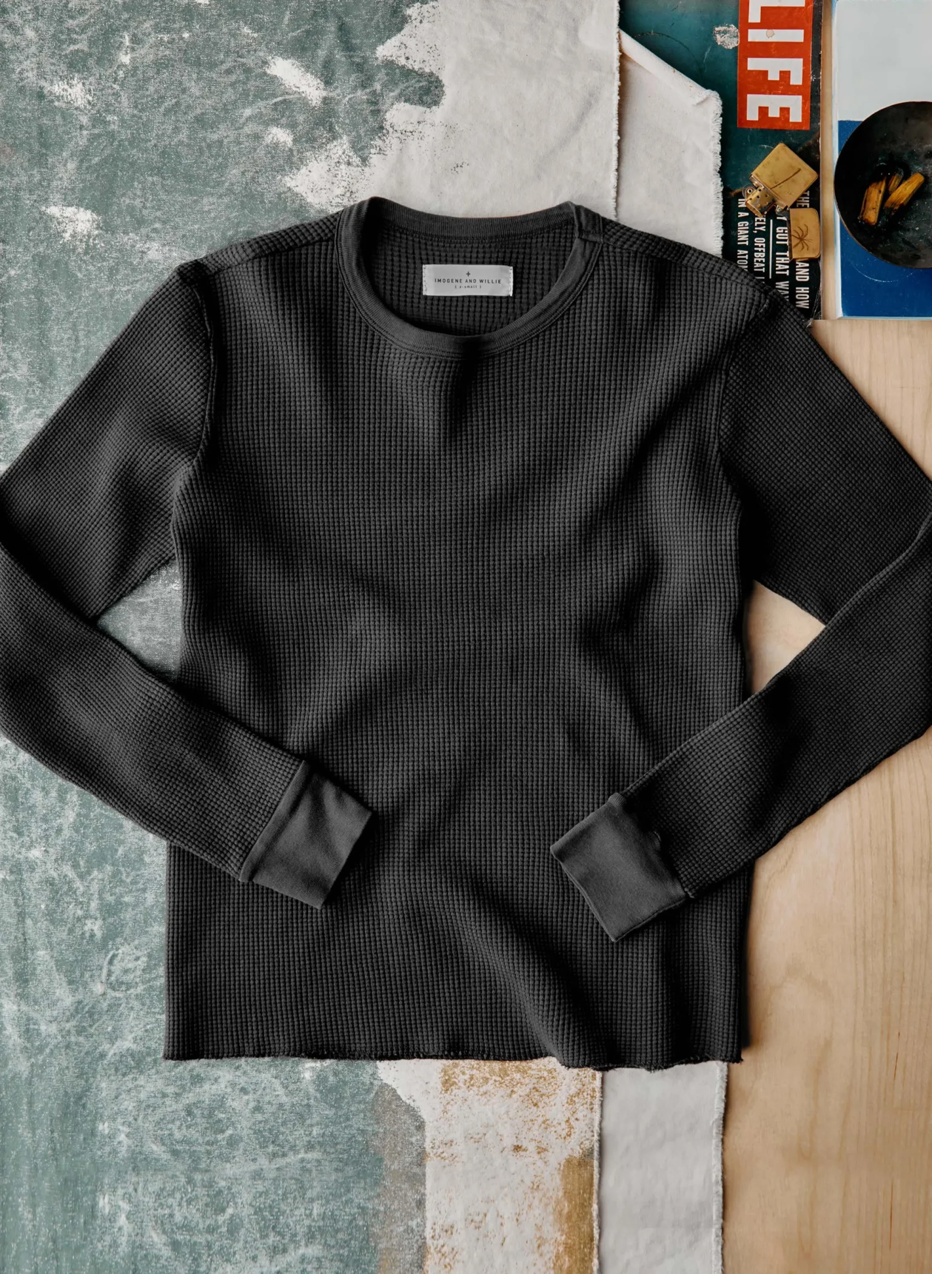 imogene + willie The Long Sleeve Thermal Crew In Faded Black| Knits & Sweaters