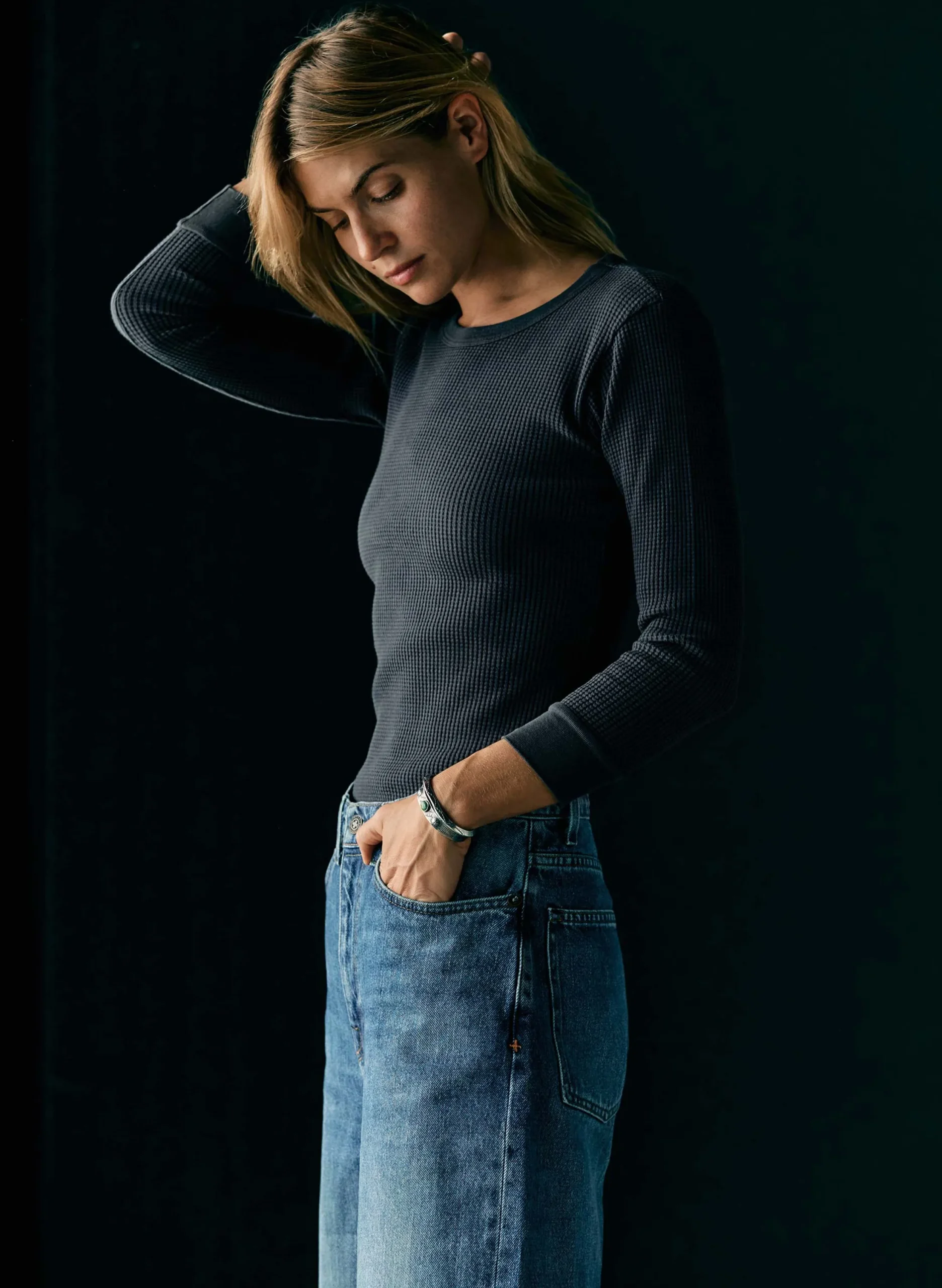 imogene + willie The Waffle Thermal Crew In Faded Black|Women Knits & Sweaters