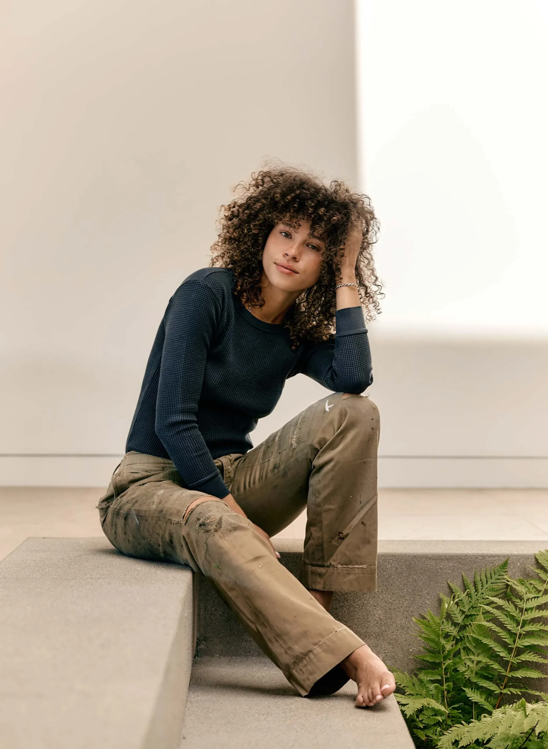 imogene + willie The Waffle Thermal Crew In Faded Black|Women Knits & Sweaters